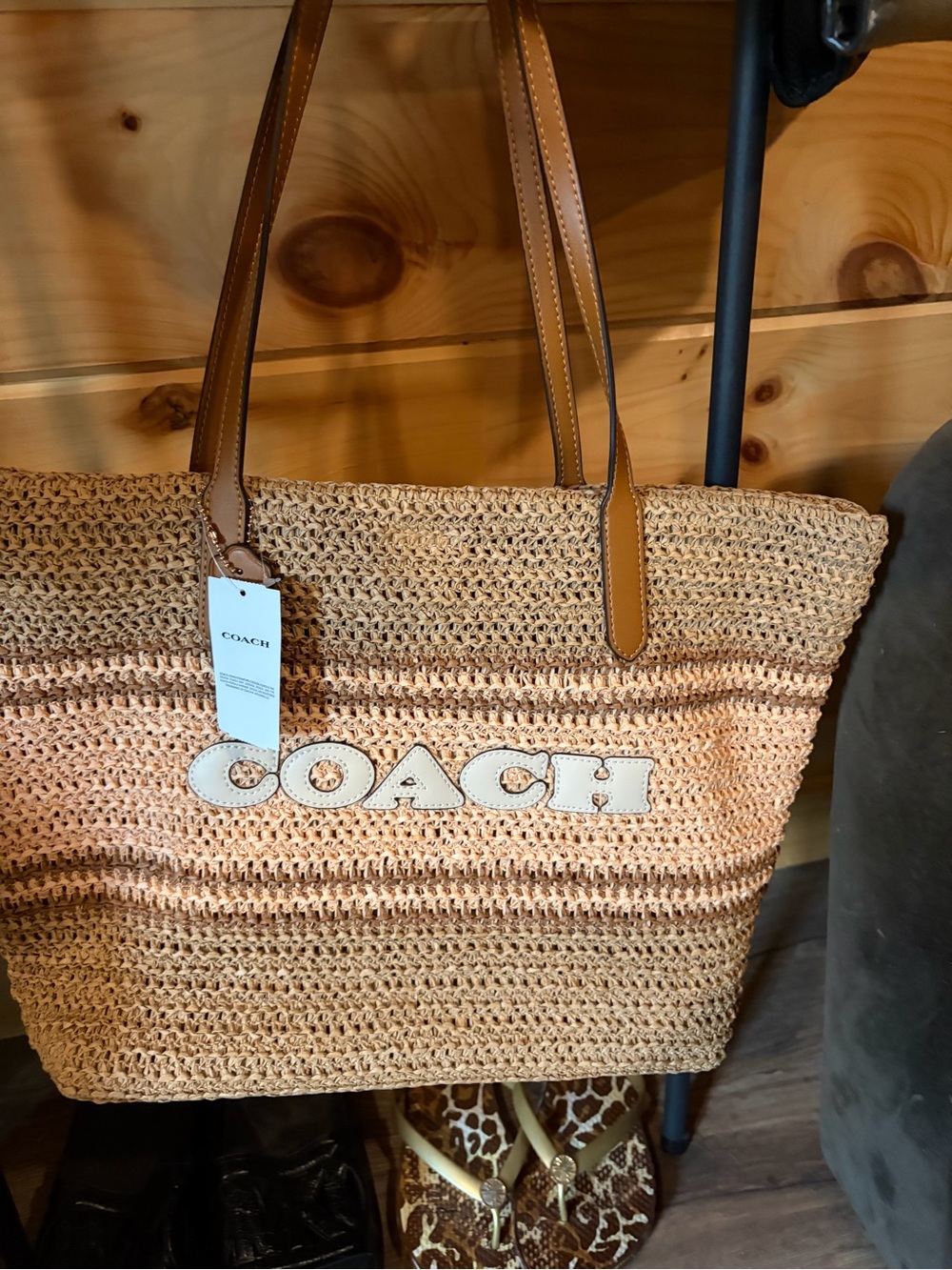Coach Natural Straw Tote with Tan Leather Trim